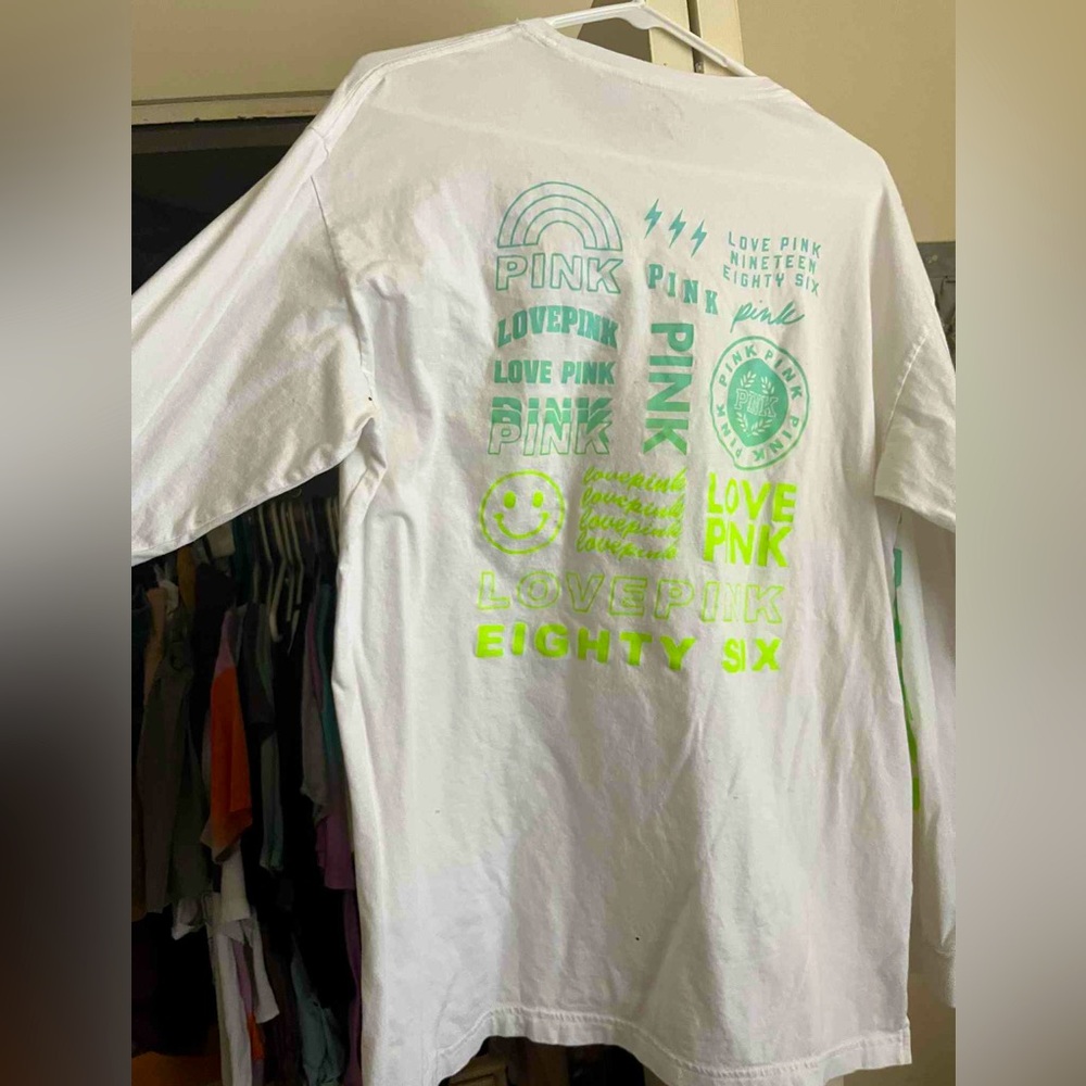 PINK Victoria's Secret White Tee with green and yellow logo. Long sleeve